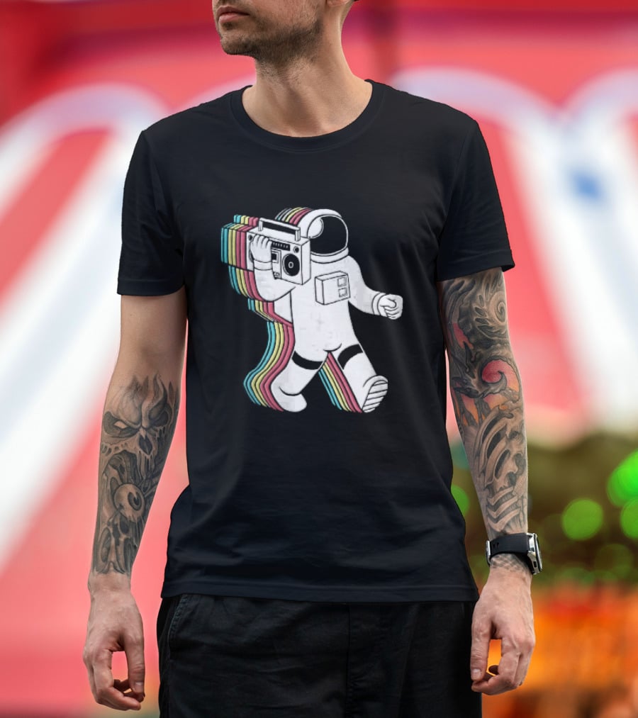 Astronaut Carrying Boombox Retro Colorful Vibes T-Shirt