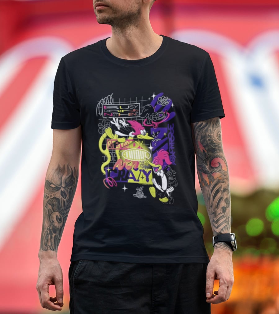 Busy Doing Nothing Everybody Thinks I'm Crazy Woody Woodpecker Walter Lantz Neon Grid Poses T-Shirt