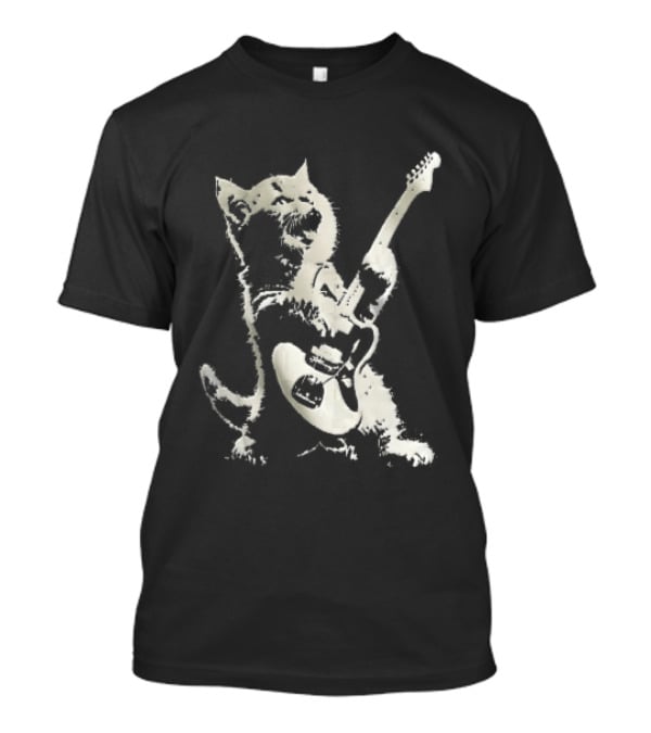Cat Playing Electric Guitar Rocker Meowing Stencil Splatter Black And White T-Shirt