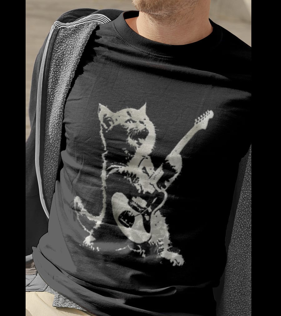 Cat Playing Electric Guitar Rocker Meowing Stencil Splatter Black And White T-Shirt