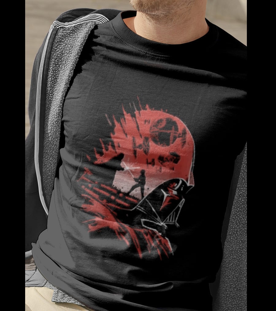 Darth Vader Luke Skywalker Lightsaber Duel Death Star TIE Fighters Red Stencil T-Shirt