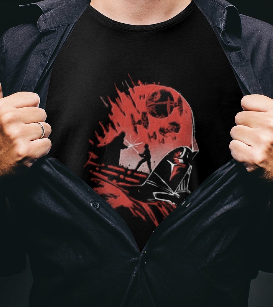 Darth Vader Luke Skywalker Lightsaber Duel Death Star TIE Fighters Red Stencil T-Shirt