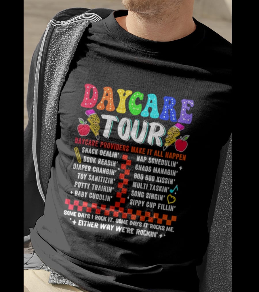 Daycare Tour Snack Dealer Nap Specialist Boo Boo Healer Puppet Creator Fun Expert Song Machine T-Shirt