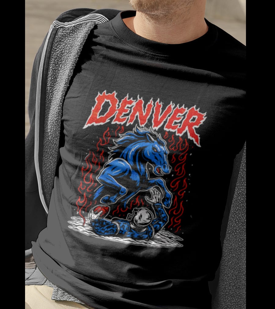 Denver Broncos Blue Horse Fire Football Player Flame T-Shirt