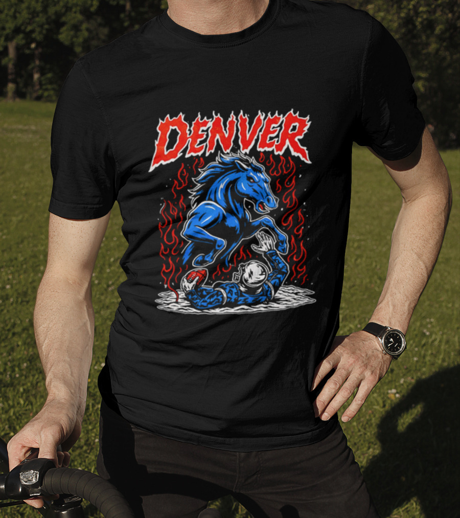 Denver Broncos Blue Horse Fire Football Player Flame T-Shirt