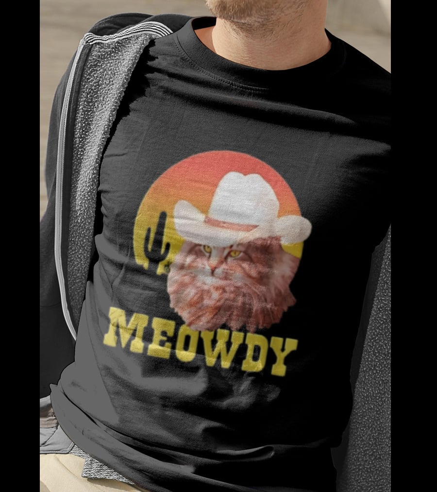 Meowdy Cowboy Cat In White Hat With Sunset And Cactus T-Shirt