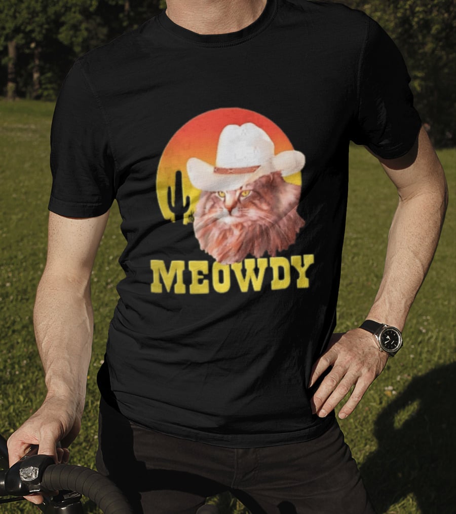 Meowdy Cowboy Cat In White Hat With Sunset And Cactus T-Shirt