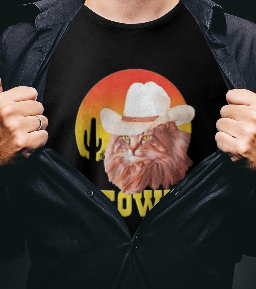 Meowdy Cowboy Cat In White Hat With Sunset And Cactus T-Shirt
