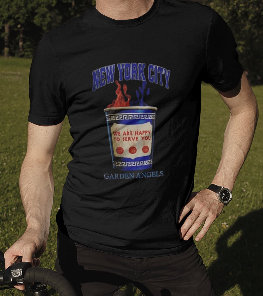 New York City Greek Coffee Cup We Are Happy To Serve You Garden Angels Flaming Basketballs T-Shirt