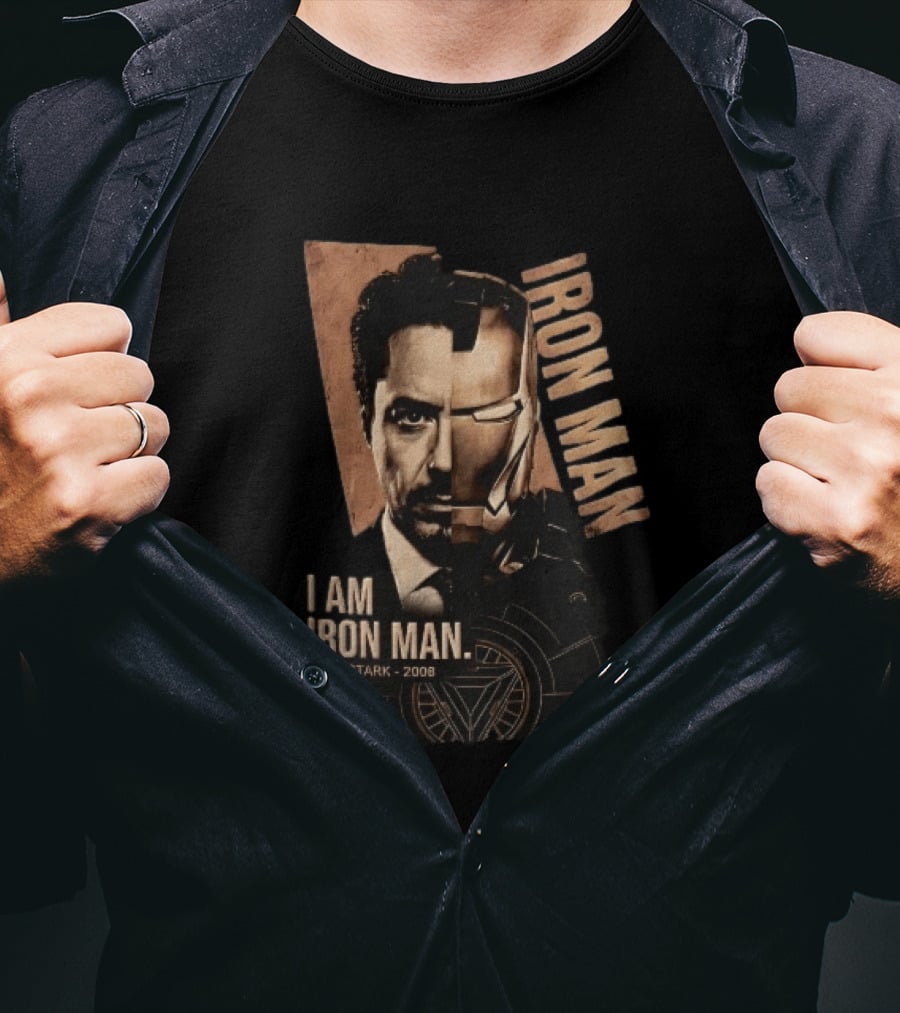 I Am Iron Man Tony Stark 2008 Robert Downey Jr Split Face Iron Man T-Shirt