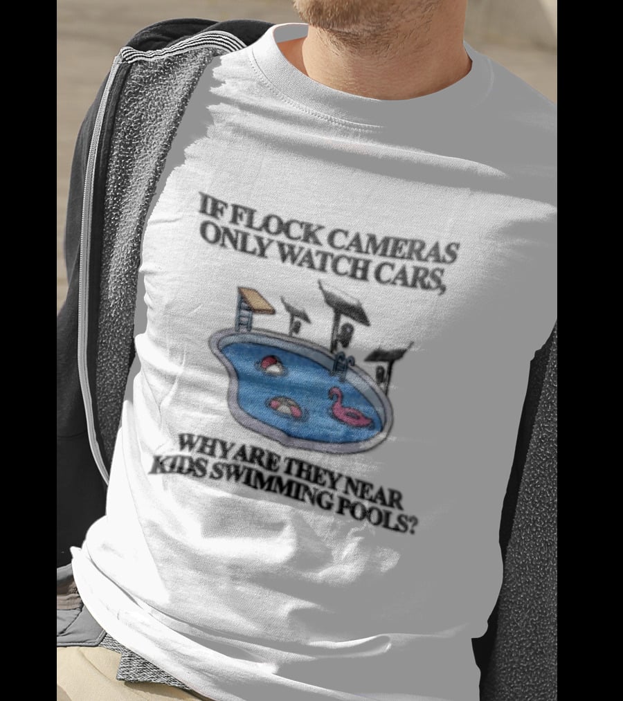 Flock Cameras Cars Near Swimming Pools Pink Flamingo Float Solar Panels Cartoon T-Shirt