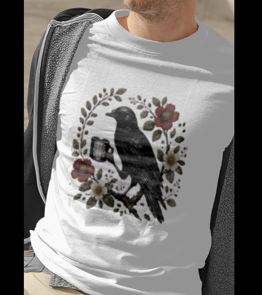 Is He Dead Yet Crow Coffee Floral Wreath Blooms T-Shirt