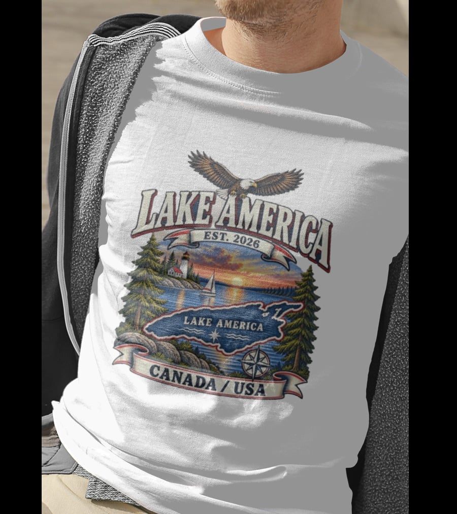 Lake America Est. 2026 Great Lakes Canada USA Scenic Sunset Eagle Sailboat T-Shirt
