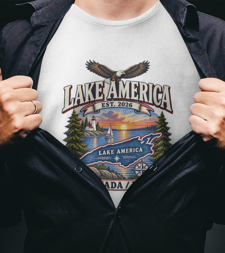 Lake America Est. 2026 Great Lakes Canada USA Scenic Sunset Eagle Sailboat T-Shirt