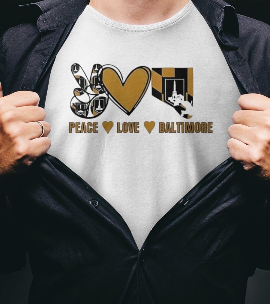 Peace Love Baltimore Gold Maryland Flag City Monument T-Shirt