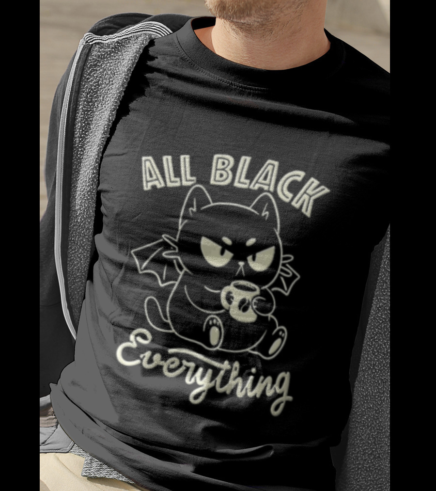 All Black Everything Cartoon Bat Cat Drinking Coffee T-Shirt