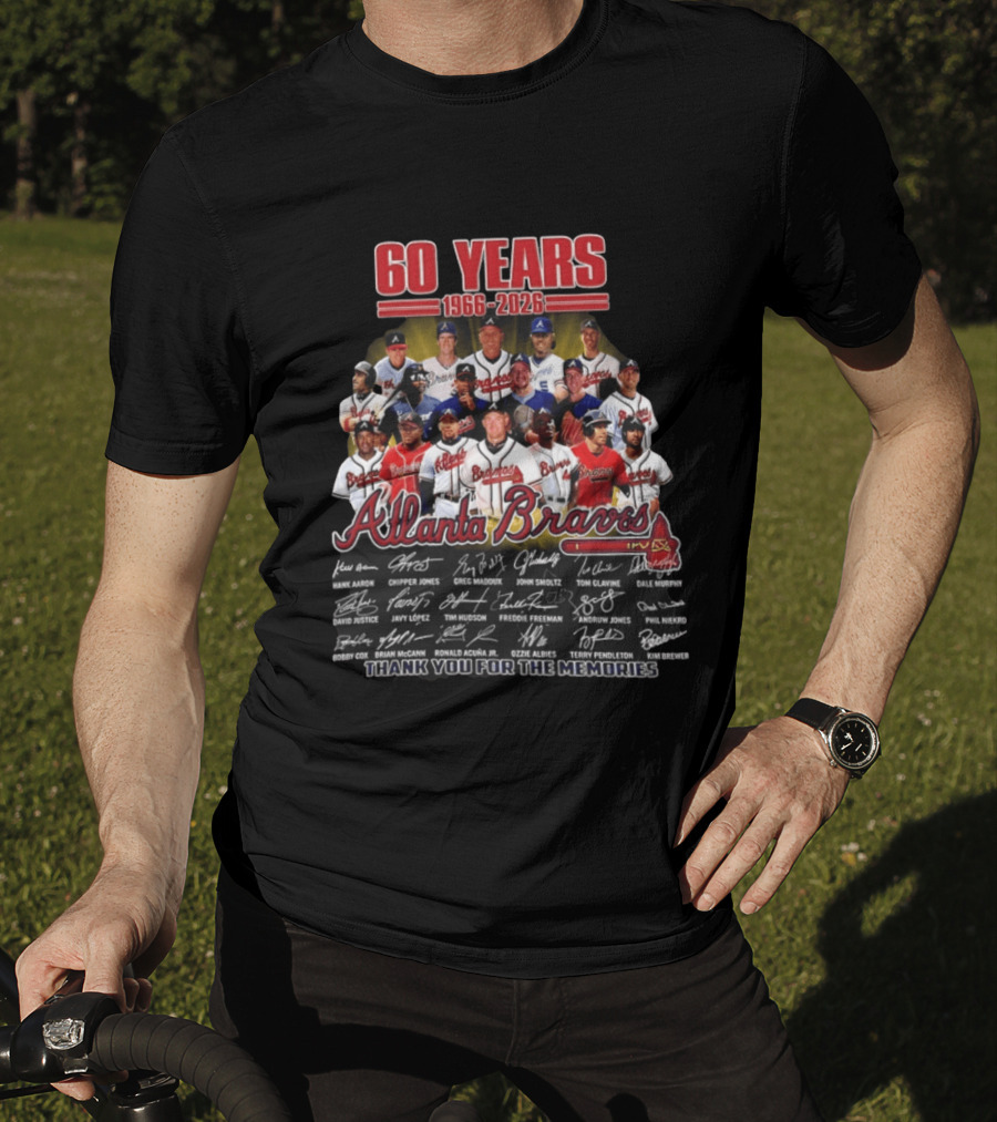 Atlanta Braves 60 Years 1966 2026 Legends Aaron Chipper Jones Maddux Glavine Smoltz Murphy Autographs Thank You For The Memories T-Shirt