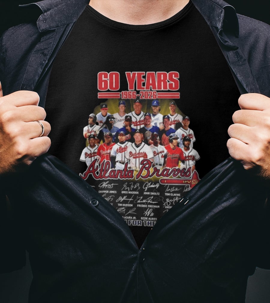 Atlanta Braves 60 Years 1966 2026 Legends Aaron Chipper Jones Maddux Glavine Smoltz Murphy Autographs Thank You For The Memories T-Shirt