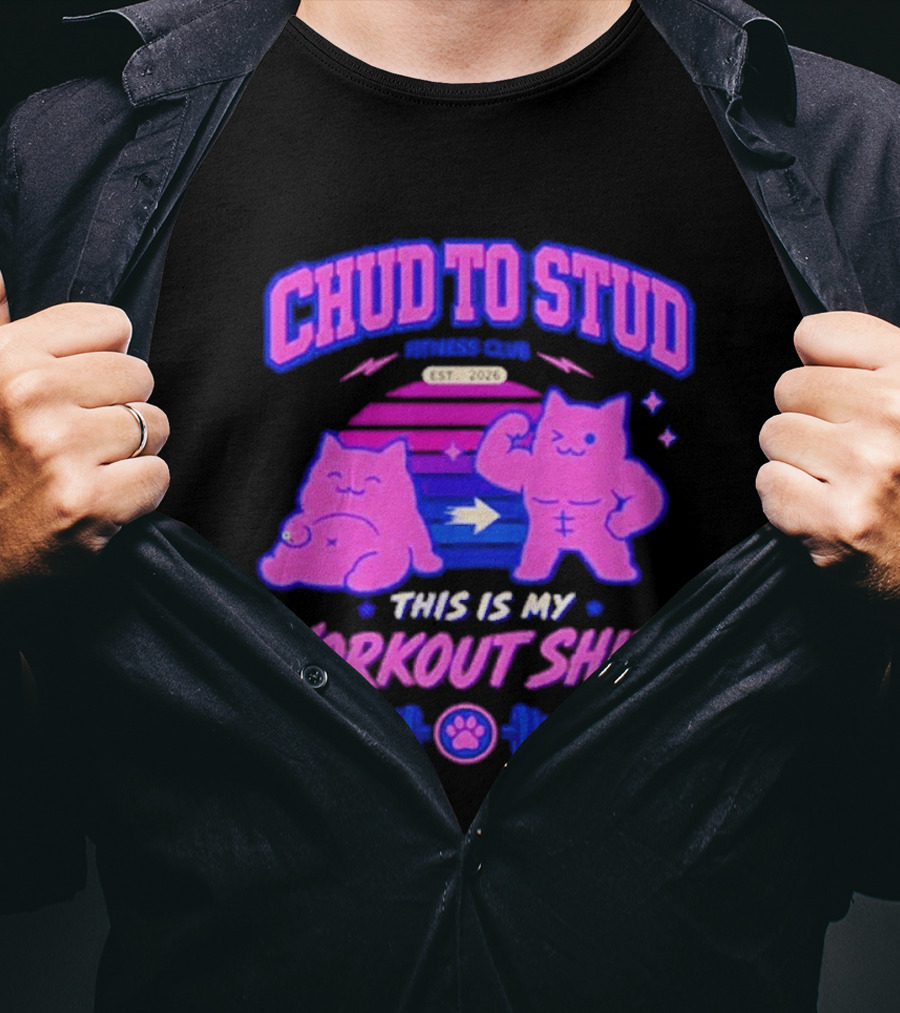 Chud To Stud Fitness Club Workout Transformation With Cute Cats And Paw Print Weights T-Shirt