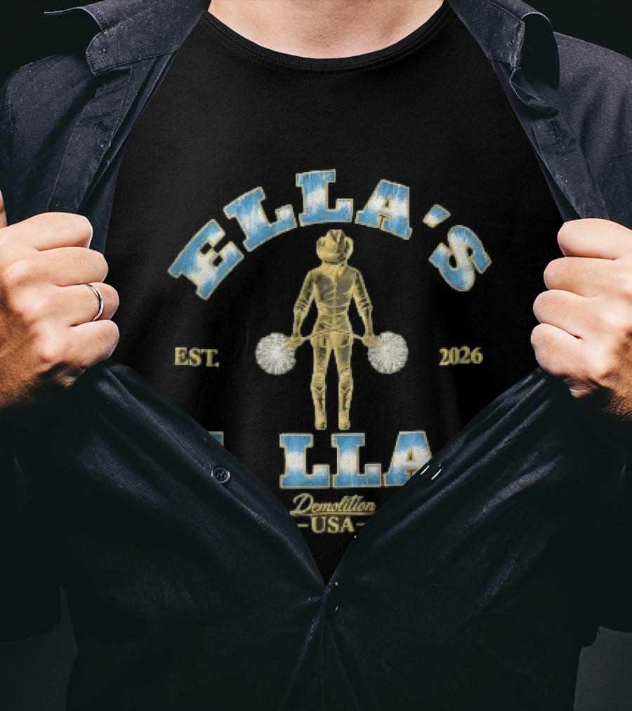 ELLA'S FLLA Est 2026 Demolition USA Golden Cowgirl Cheerleader Back View Holding Pom Poms T-Shirt