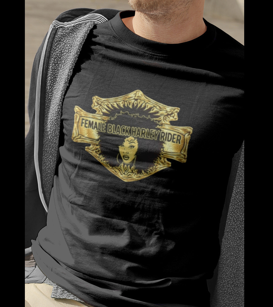 Female Black Harley Rider Gold Ornate Shield Afro T-Shirt