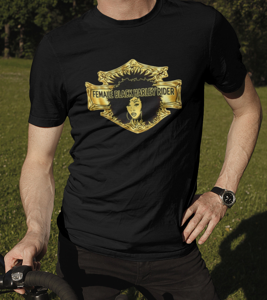 Female Black Harley Rider Gold Ornate Shield Afro T-Shirt