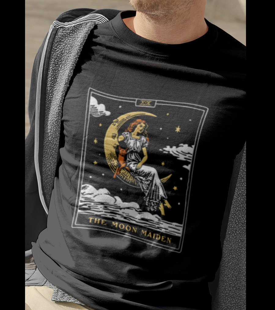 The Moon Maiden Tarot Card Crescent Cat And Stars T-Shirt