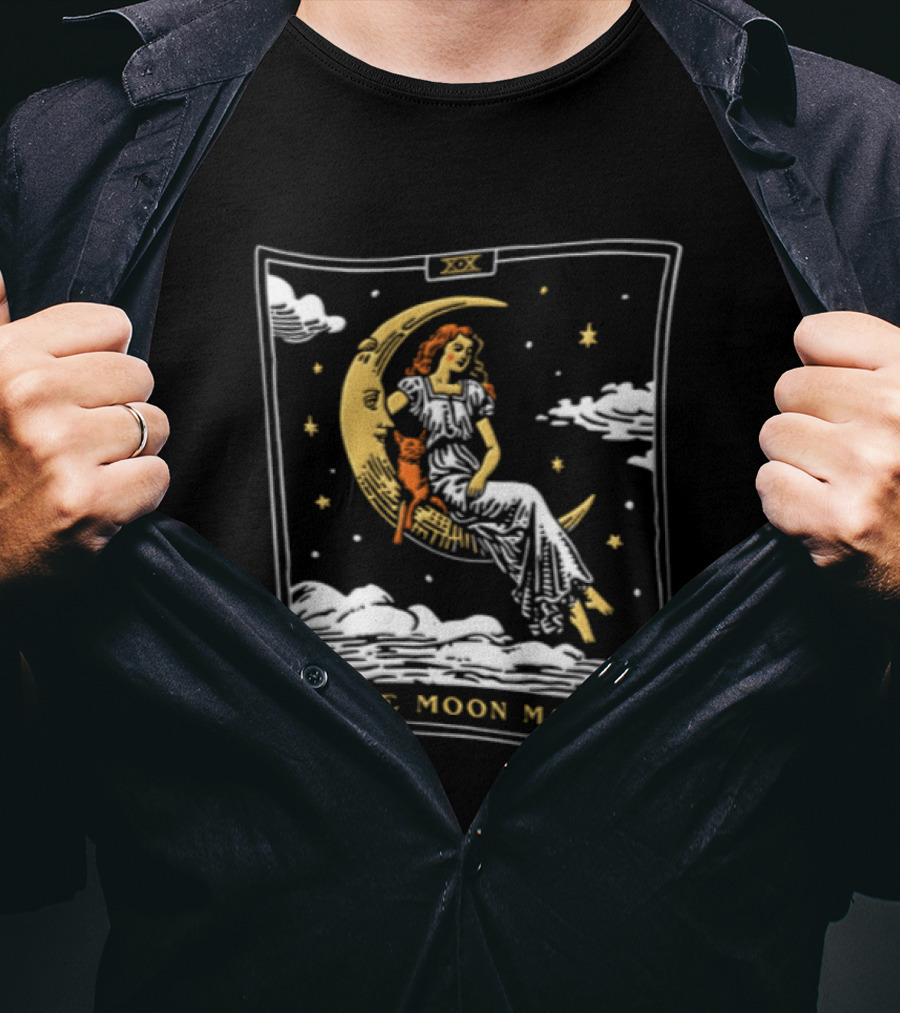 The Moon Maiden Tarot Card Crescent Cat And Stars T-Shirt