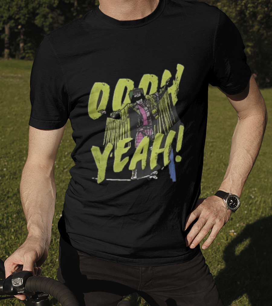 Oooh Yeah Macho Man Randy Savage Wrestler Outstretched Arms Fringed Jacket Distressed Green T-Shirt