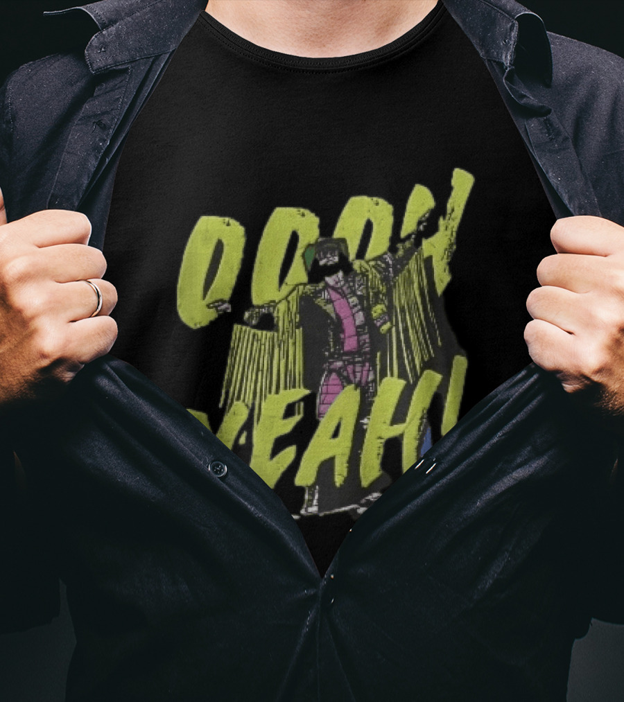 Oooh Yeah Macho Man Randy Savage Wrestler Outstretched Arms Fringed Jacket Distressed Green T-Shirt