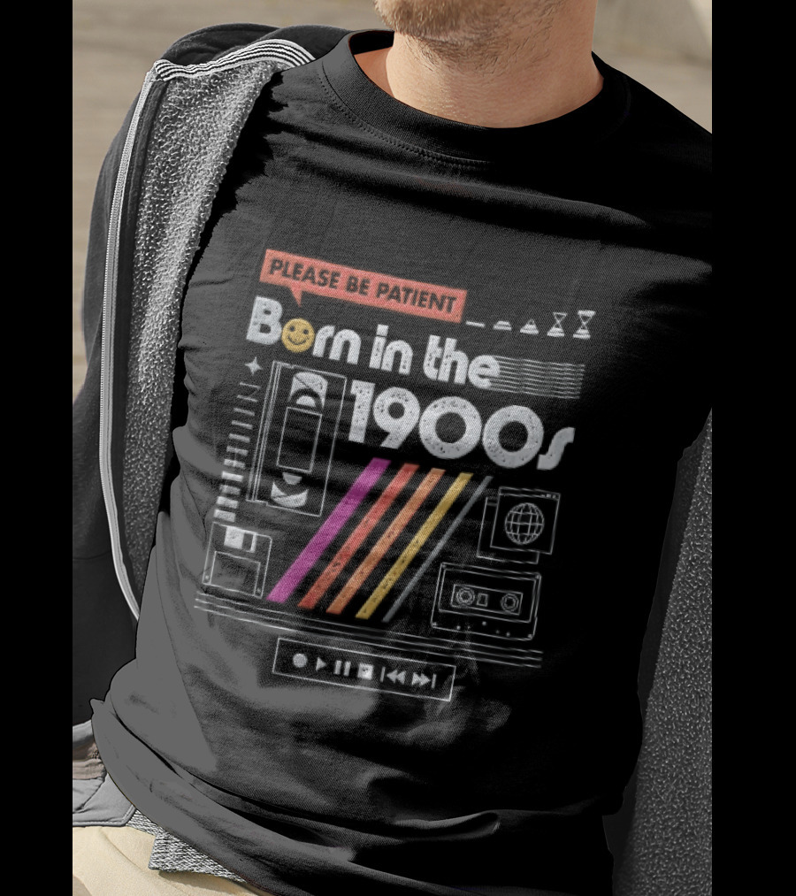 Please Be Patient Born In The 1900s VHS Tape Cassette Floppy Disk Colorful Stripes Retro Technology T-Shirt