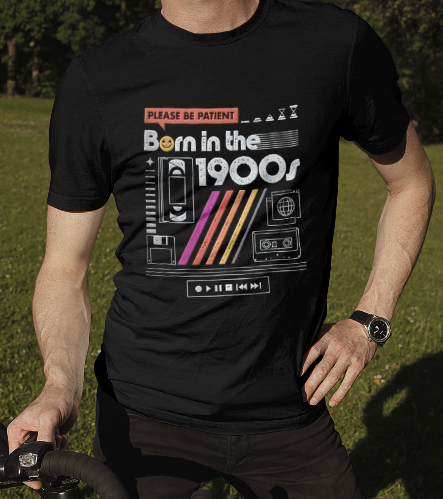 Please Be Patient Born In The 1900s VHS Tape Cassette Floppy Disk Colorful Stripes Retro Technology T-Shirt
