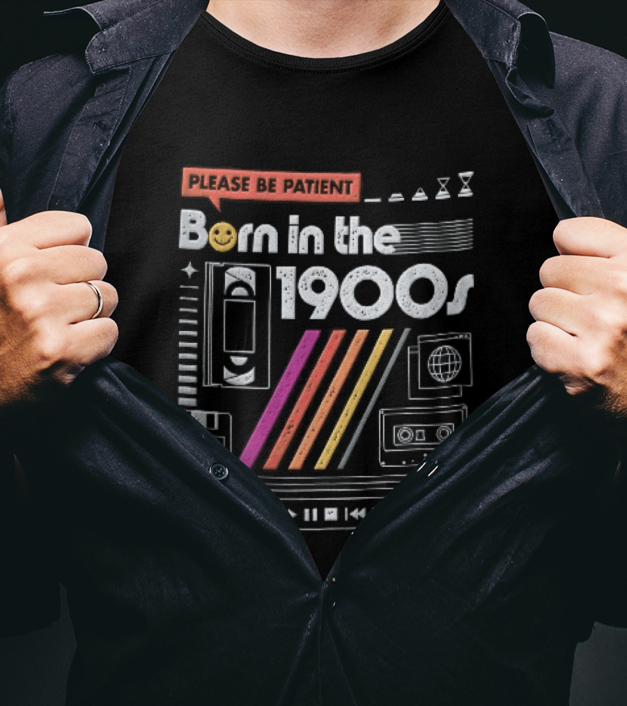 Please Be Patient Born In The 1900s VHS Tape Cassette Floppy Disk Colorful Stripes Retro Technology T-Shirt
