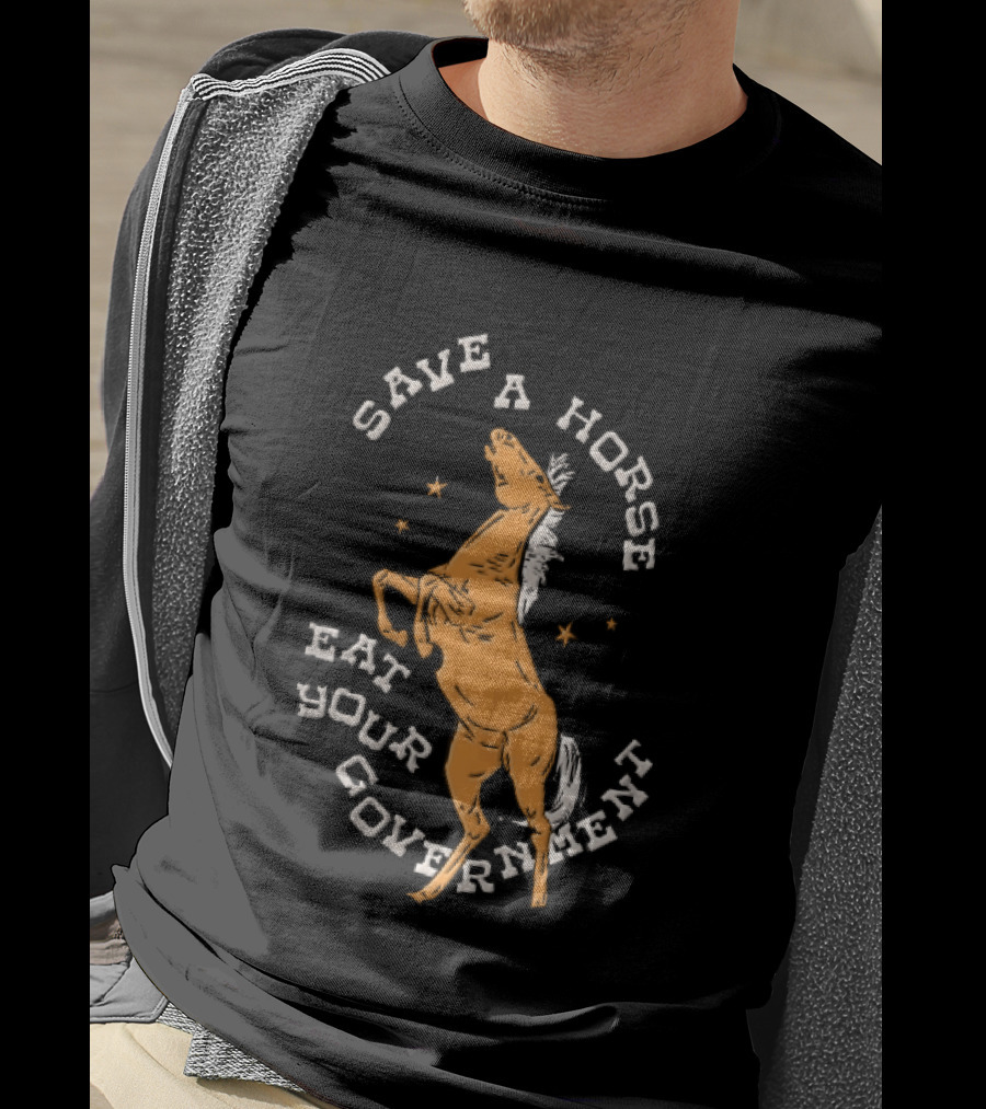 Save A Horse Eat Your Government Rearing Orange Stallion Woodcut Stars T-Shirt