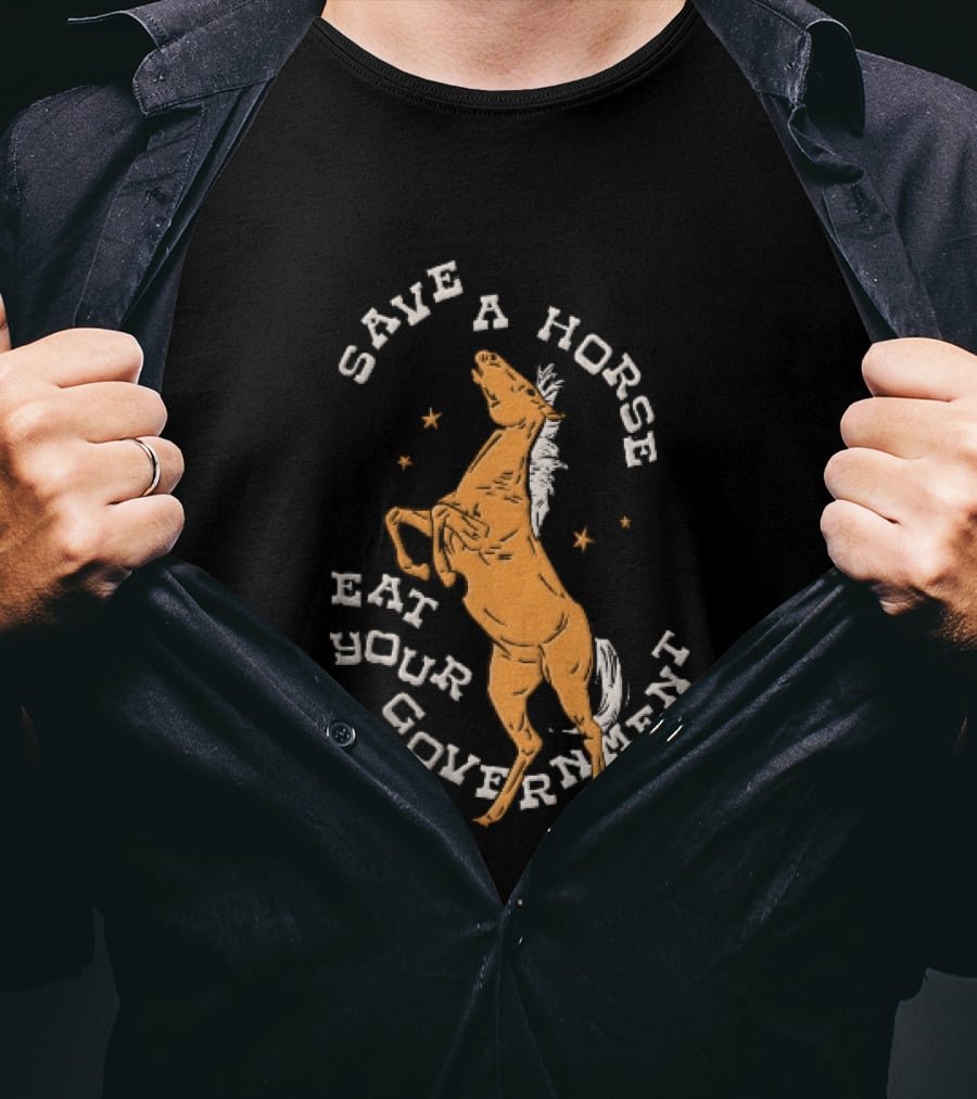 Save A Horse Eat Your Government Rearing Orange Stallion Woodcut Stars T-Shirt