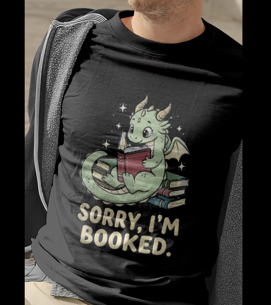 Sorry I'm Booked Cartoon Green Dragon Reading Book With Stars T-Shirt