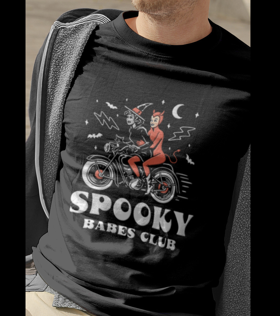 Spooky Babes Club Halloween Witch And Devil Motorcycle Riding T-Shirt