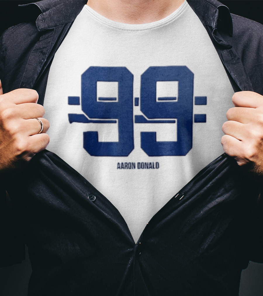 Aaron Donald 99 Blue Jersey Number Block Lettering Horizontal Stripes T-Shirt