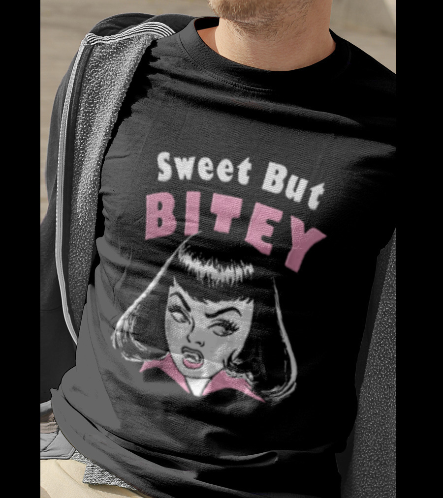Sweet But Bitey Cartoon Vampire Bangs Graphic Fangs T-Shirt