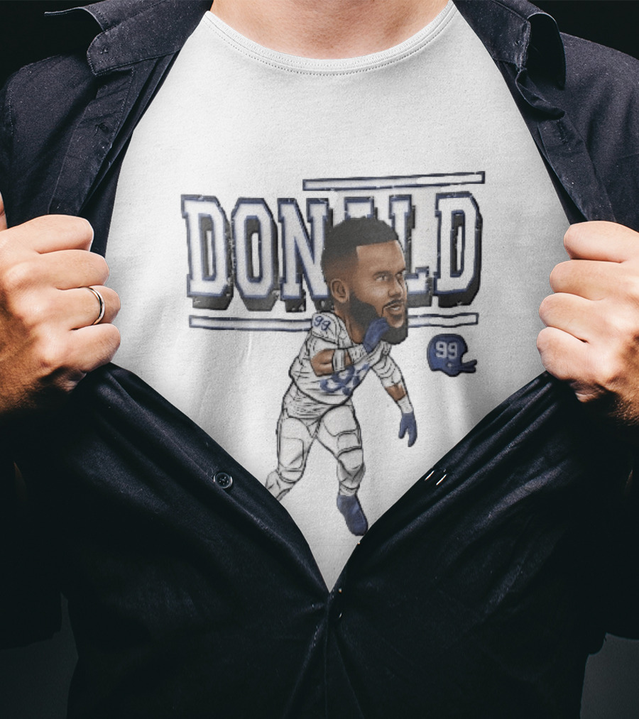 Donald 99 Football Player Blue White Cartoon Caricature Helmet T-Shirt