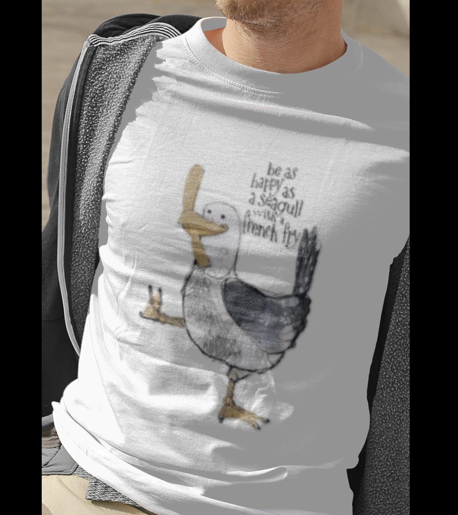Be As Happy As A Seagull With French Fry Cartoon Bird Holding Yellow Food T-Shirt