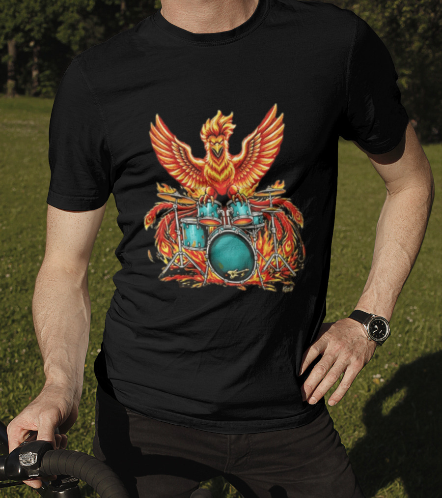 Kozik Phoenix Drummer Rock Drums Fiery Percussion Mythical Bird T-Shirt