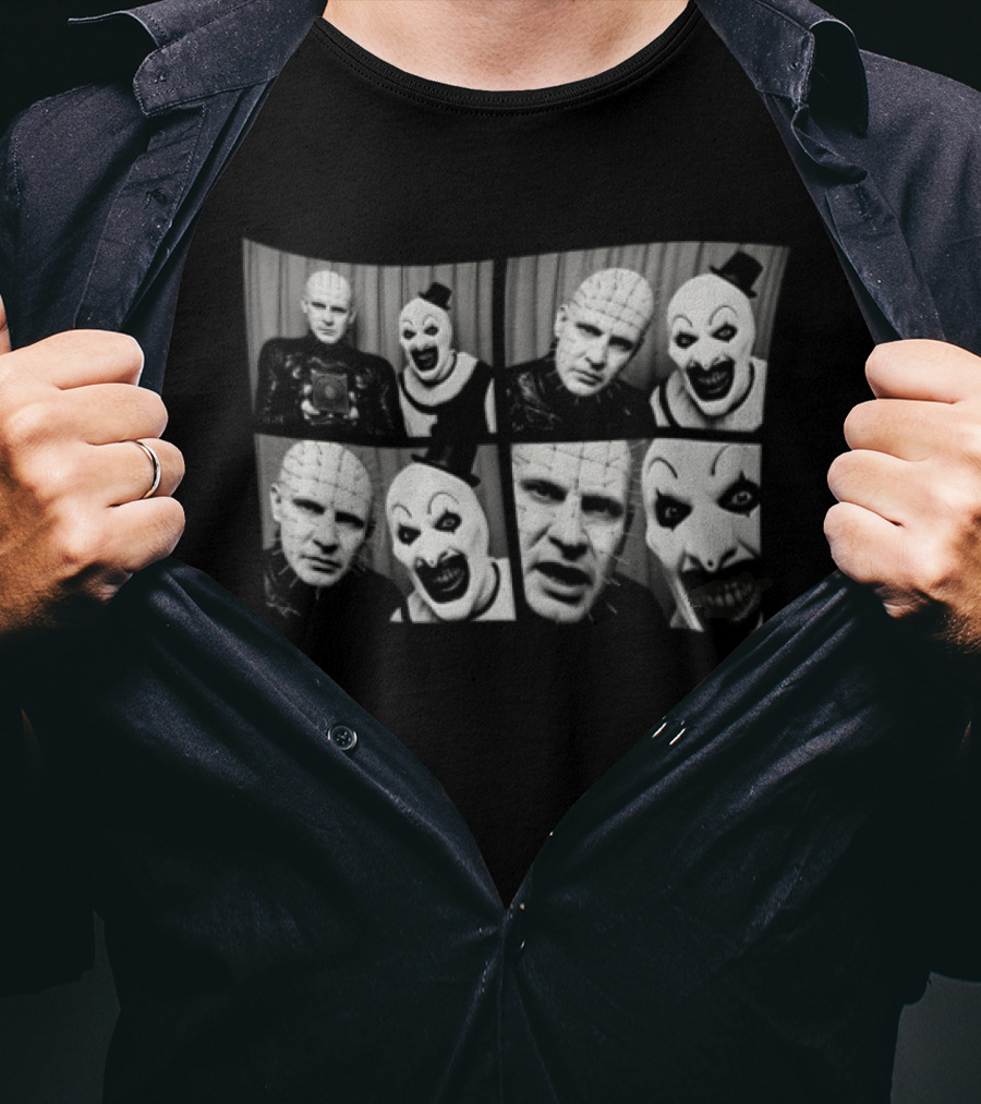 The Clown & Pinhead Horror Mystery Mashup Photo Booth T-Shirt