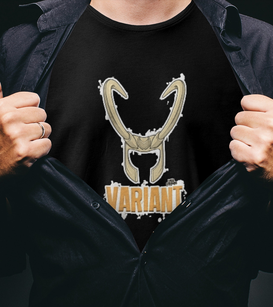 Variant Loki Horned Helmet Golden Horns White Paint Splatter Grunge Cartoon T-Shirt