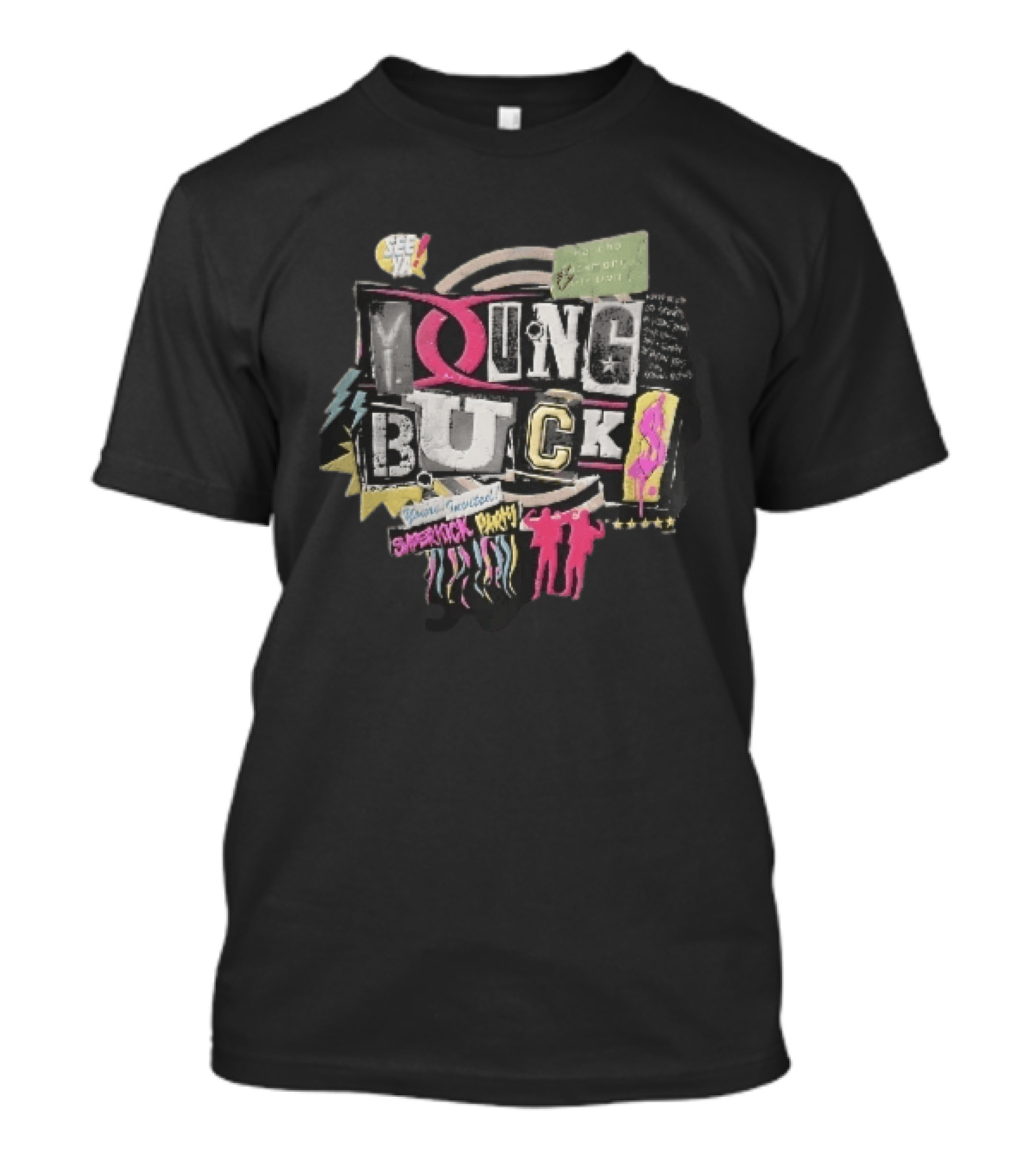 Young Bucks See Ya Rancho Cucamonga Superkick Party Matt Jackson Nick Jackson Distressed Collage T-Shirt