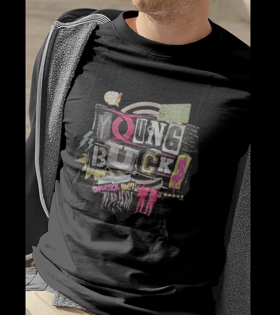 Young Bucks See Ya Rancho Cucamonga Superkick Party Matt Jackson Nick Jackson Distressed Collage T-Shirt
