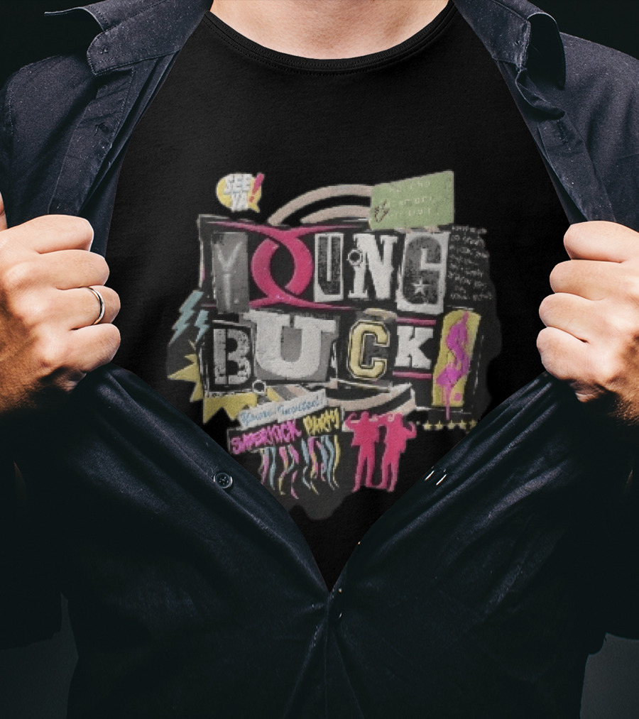Young Bucks See Ya Rancho Cucamonga Superkick Party Matt Jackson Nick Jackson Distressed Collage T-Shirt