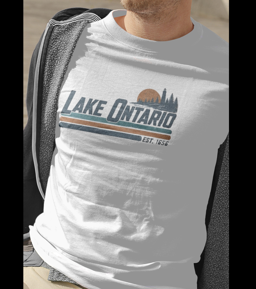 Lake Ontario Established 1956 Vintage Stripe Sunset With Lighthouse And Trees T-Shirt