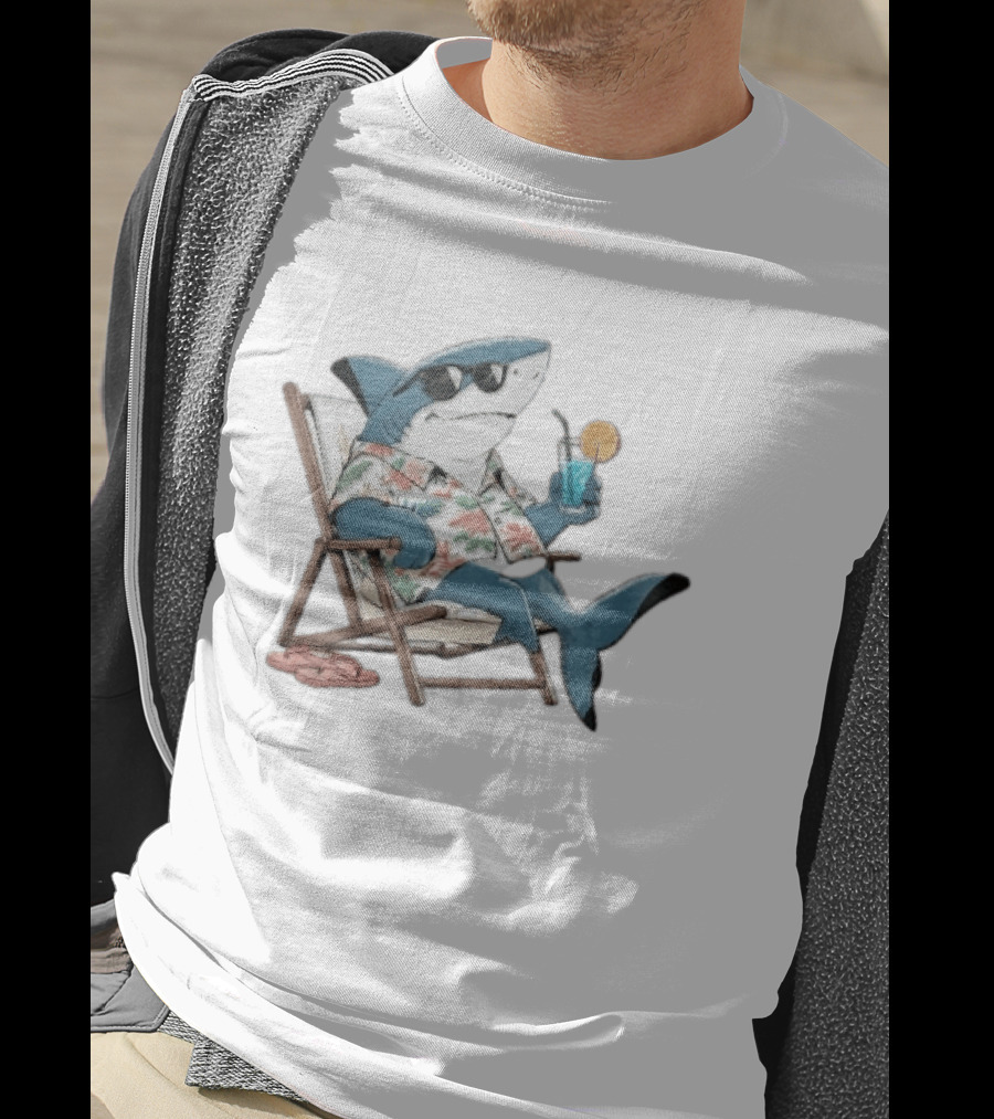 Shark Relaxing In Lounge Chair With Tropical Drink Hawaiian T-Shirt