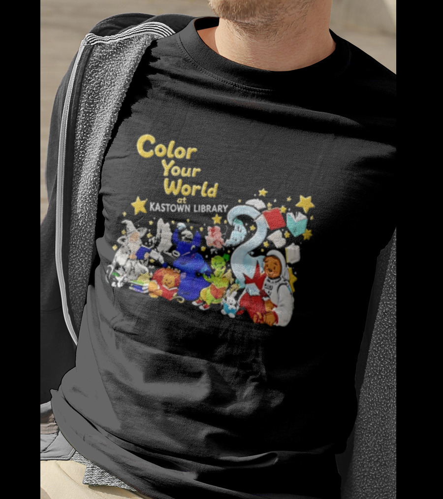Color Your World At Kastown Library With Reading Books And Vibrant Characters T-Shirt